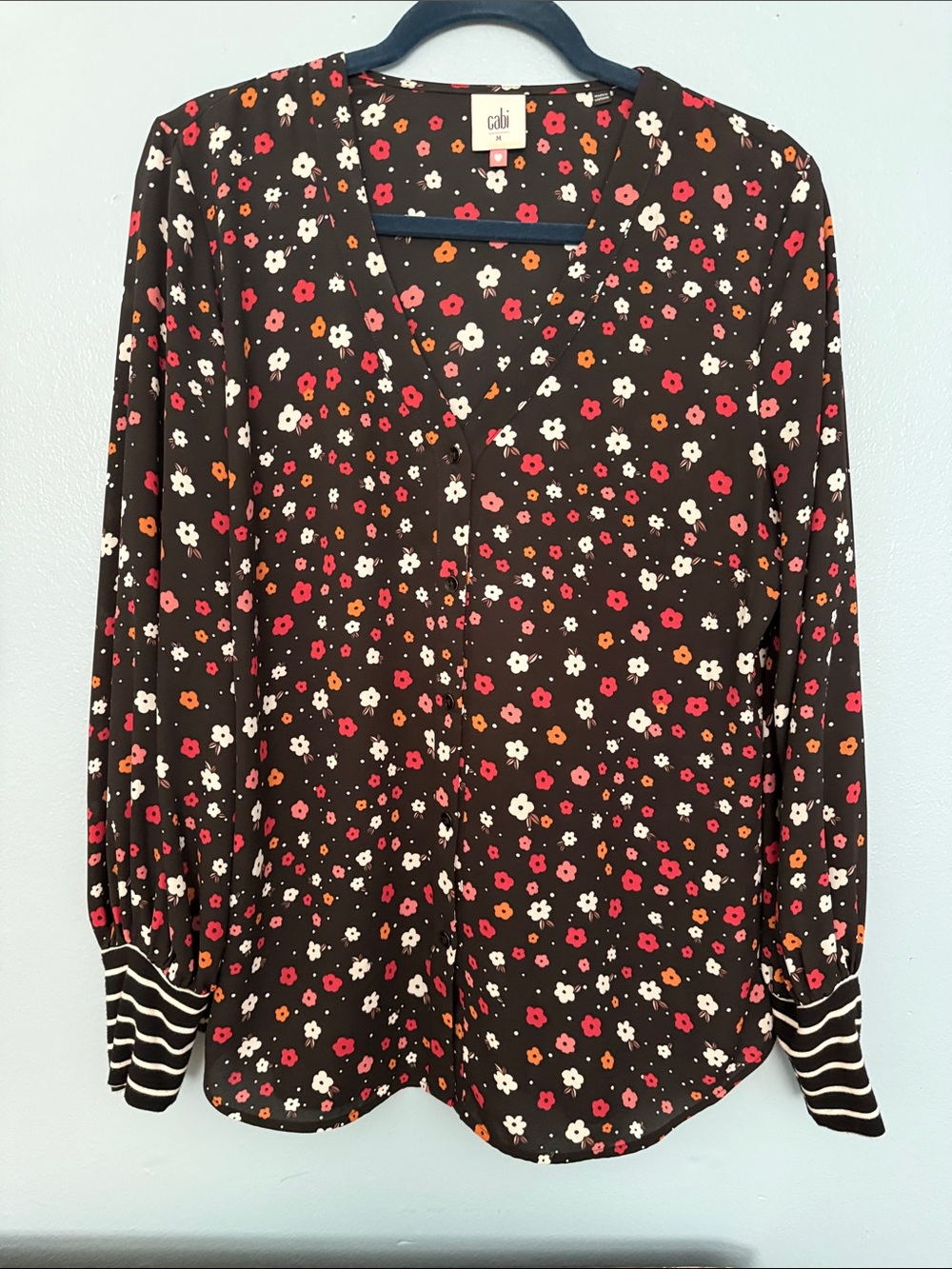 CAbi Black Floral V-Neck Blouse with Pink, Orange and Cream Flowers